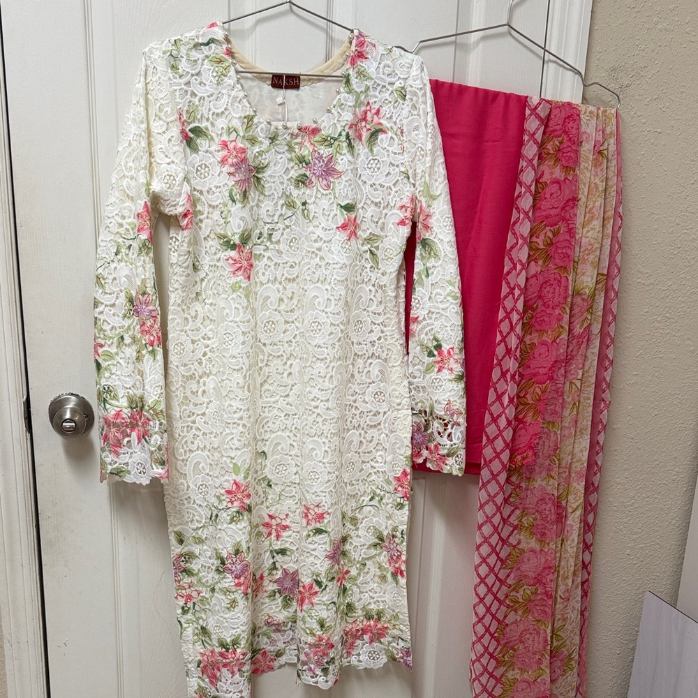 NWT Indian Pakistani Floral Lace Dress with Pink and Green Accents